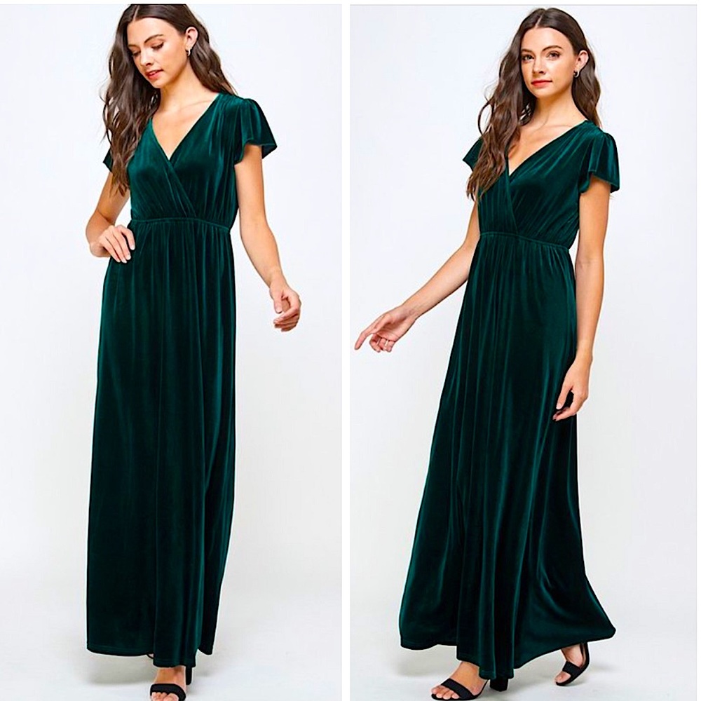 Green Velvet Flutter Sleeve Formal Maxi Dress